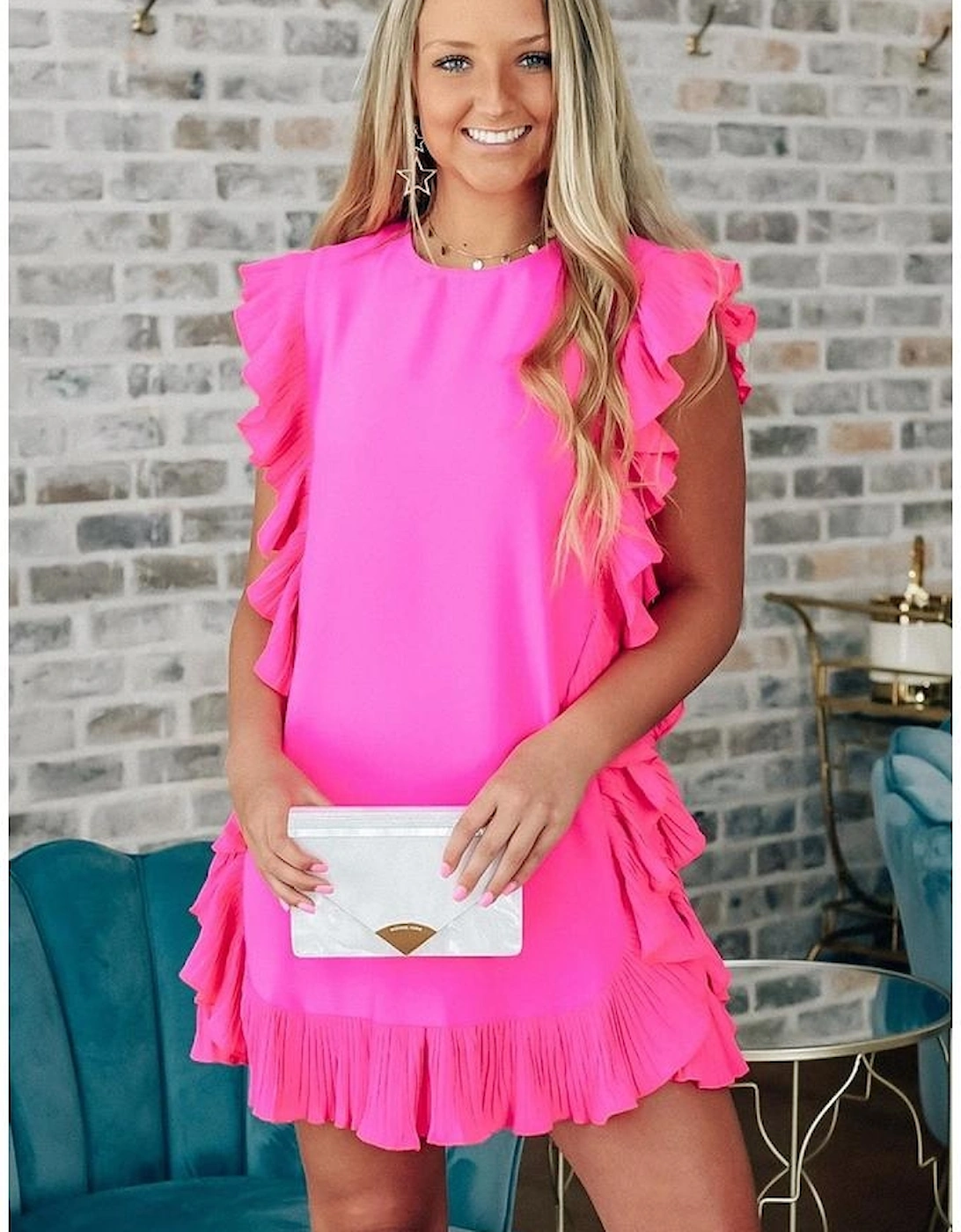 Bright Pink Solid Ruffled Edge Keyhole Back Mini Dress