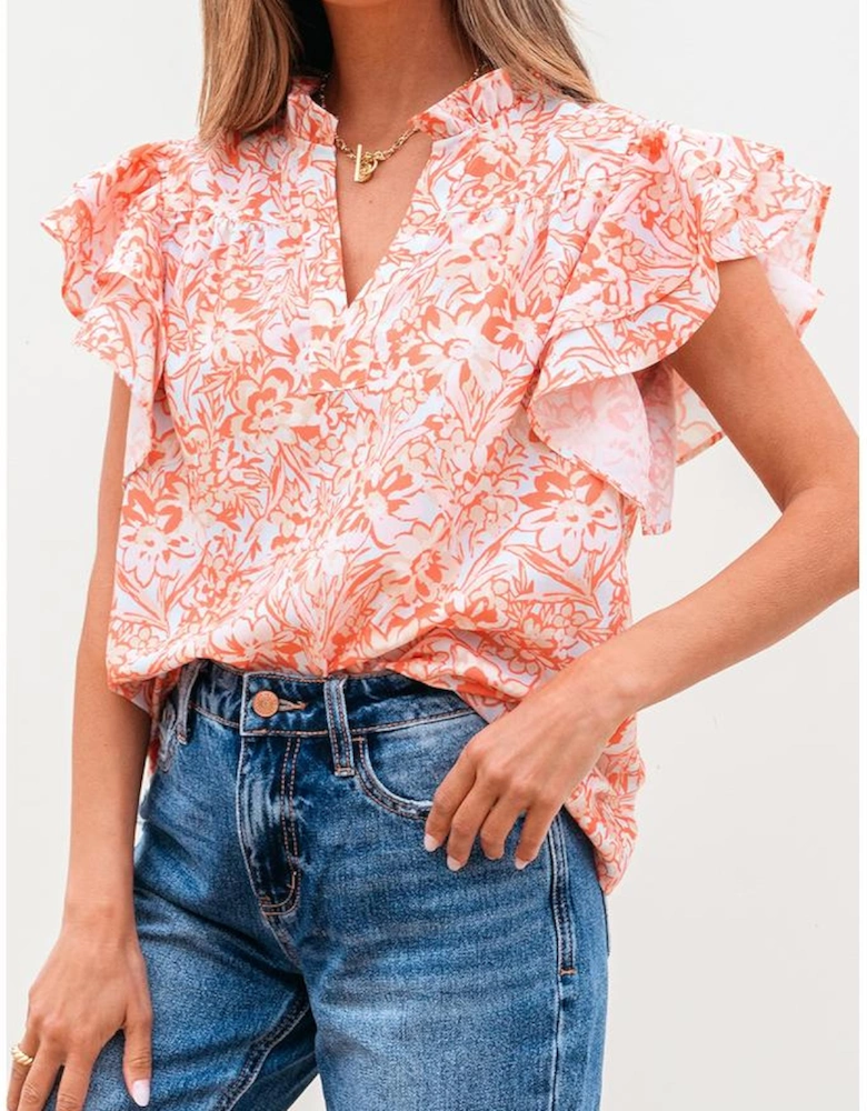 Orange Floral Ruffle Sleeve Split Neck Blouse