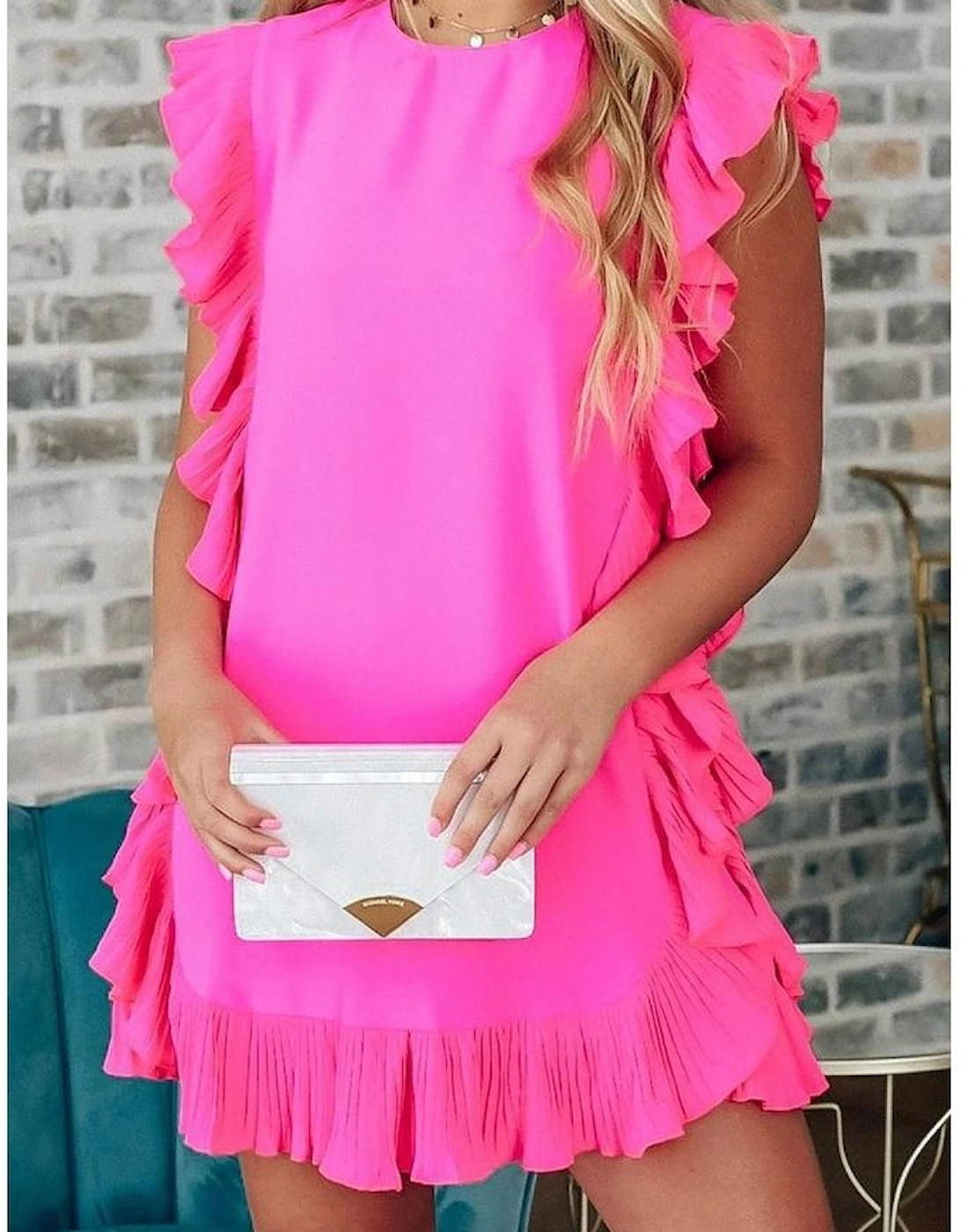Bright Pink Solid Ruffled Edge Keyhole Back Mini Dress
