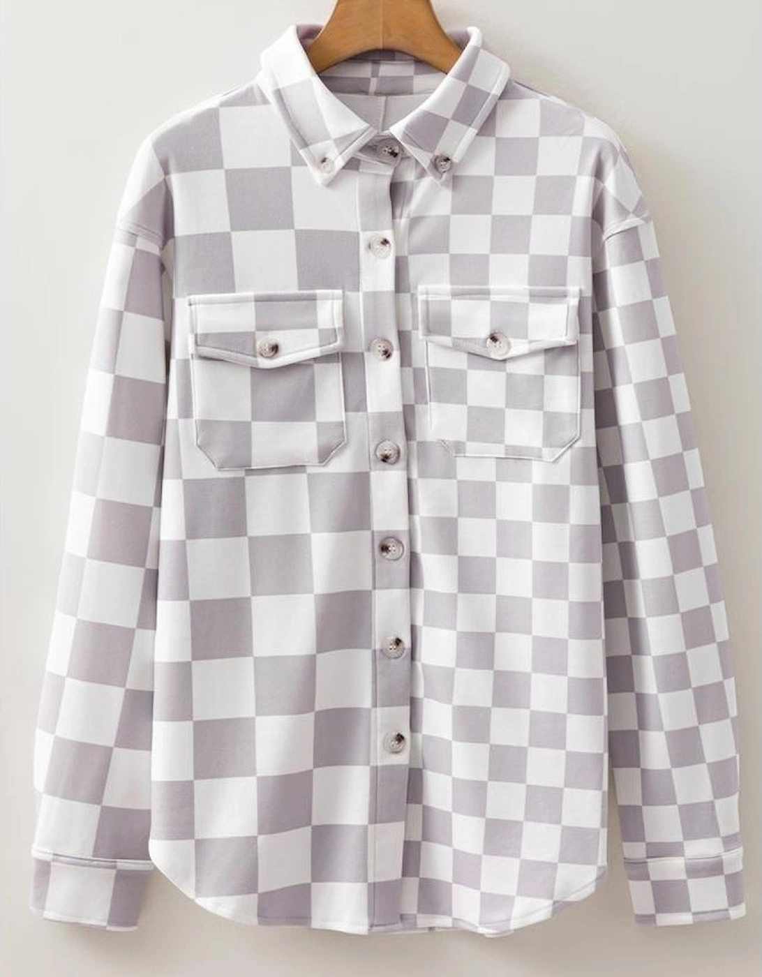 Khaki Checkerboard Flap Pocket Button Front Shacket