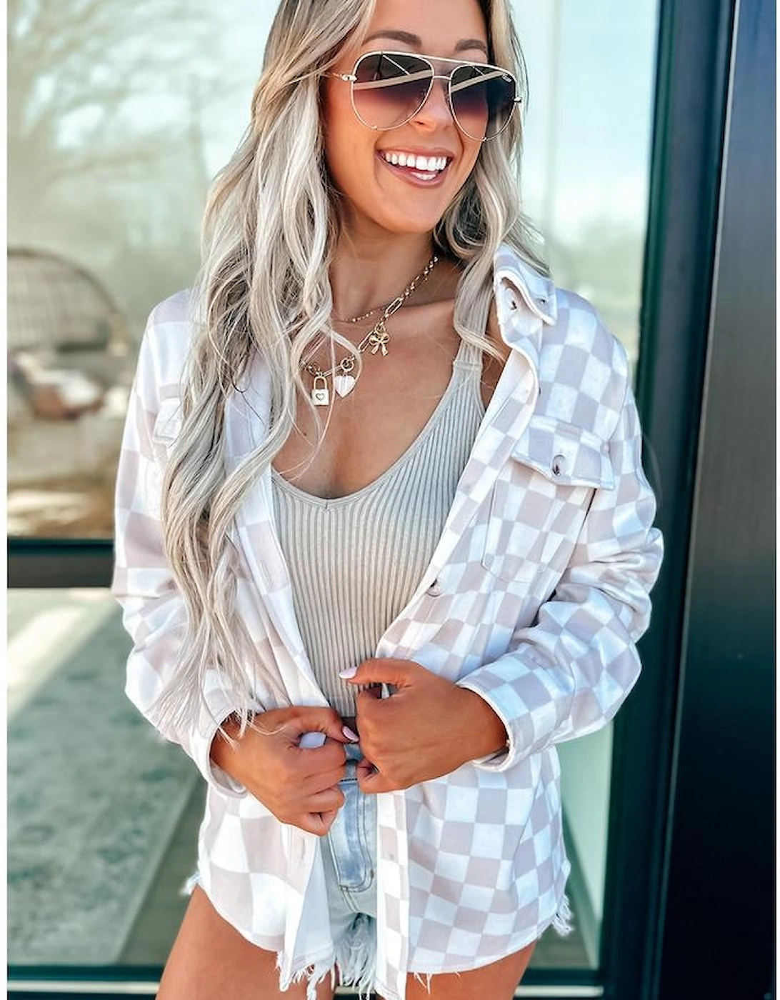 Khaki Checkerboard Flap Pocket Button Front Shacket