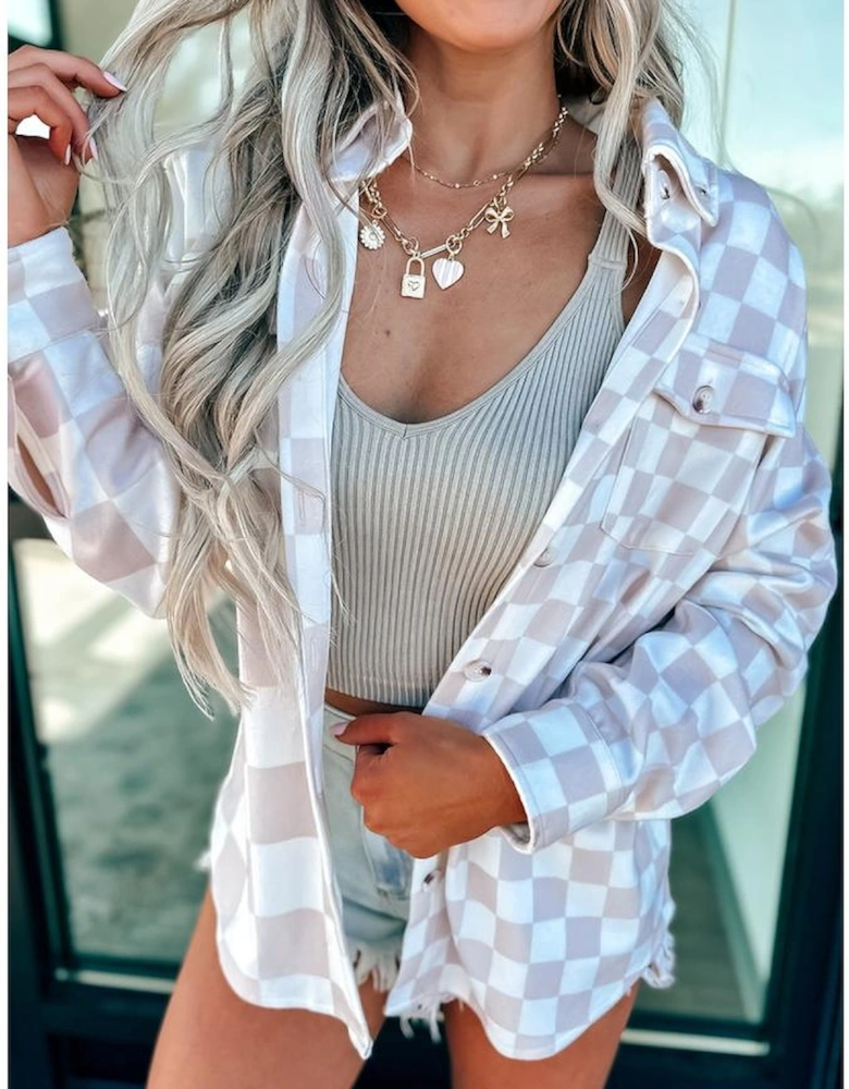 Khaki Checkerboard Flap Pocket Button Front Shacket