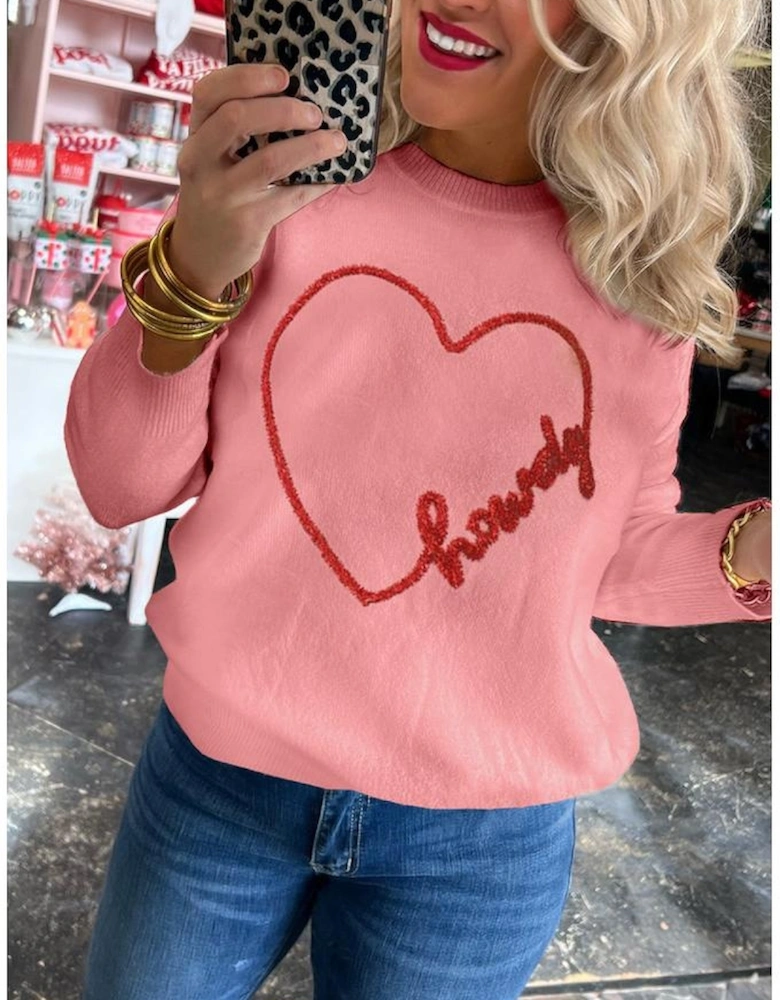 Pink Howdy Heart Graphic Round Neck Casual Sweater