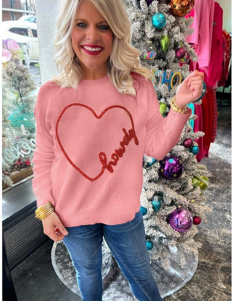Pink Howdy Heart Graphic Round Neck Casual Sweater