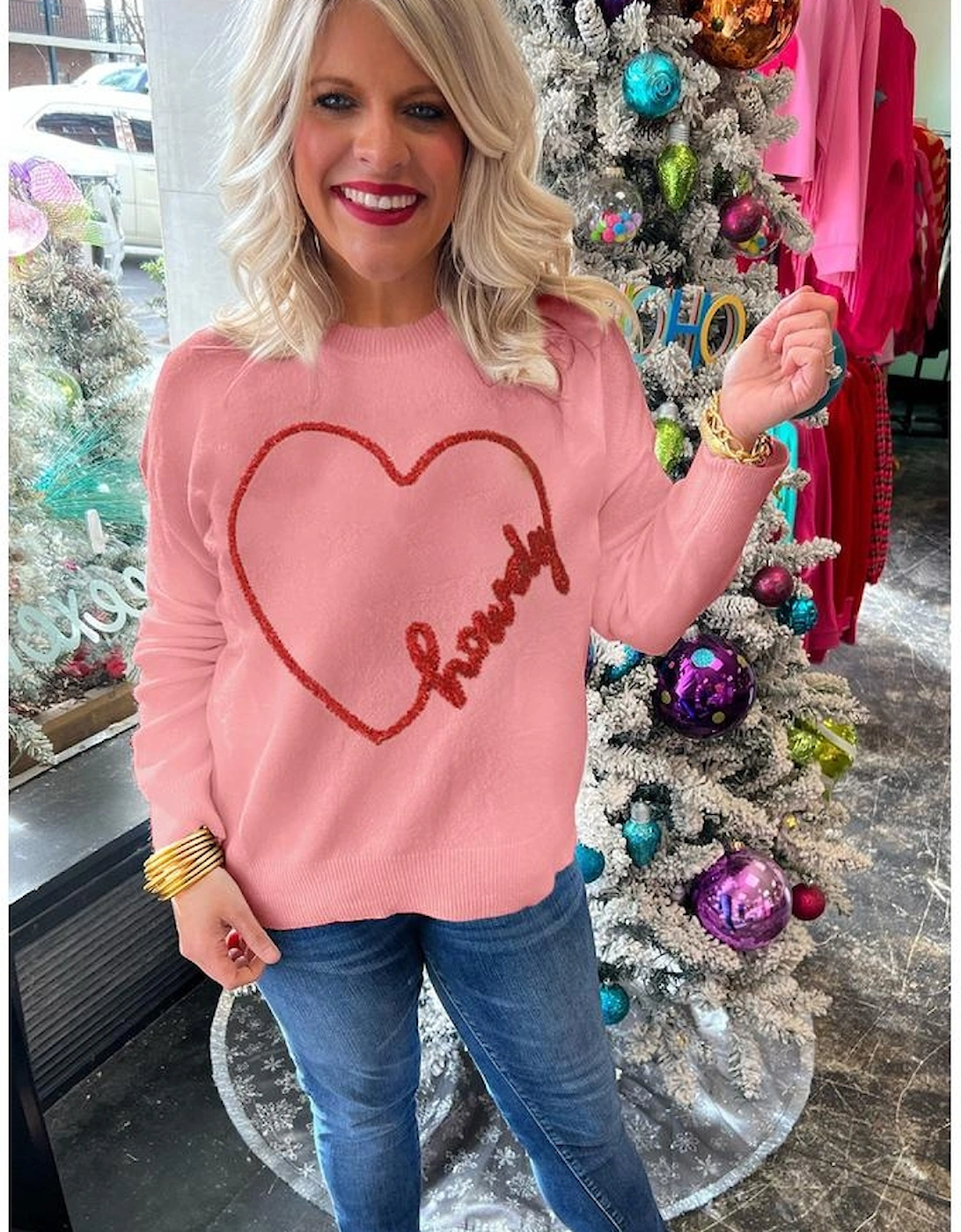 Pink Howdy Heart Graphic Round Neck Casual Sweater