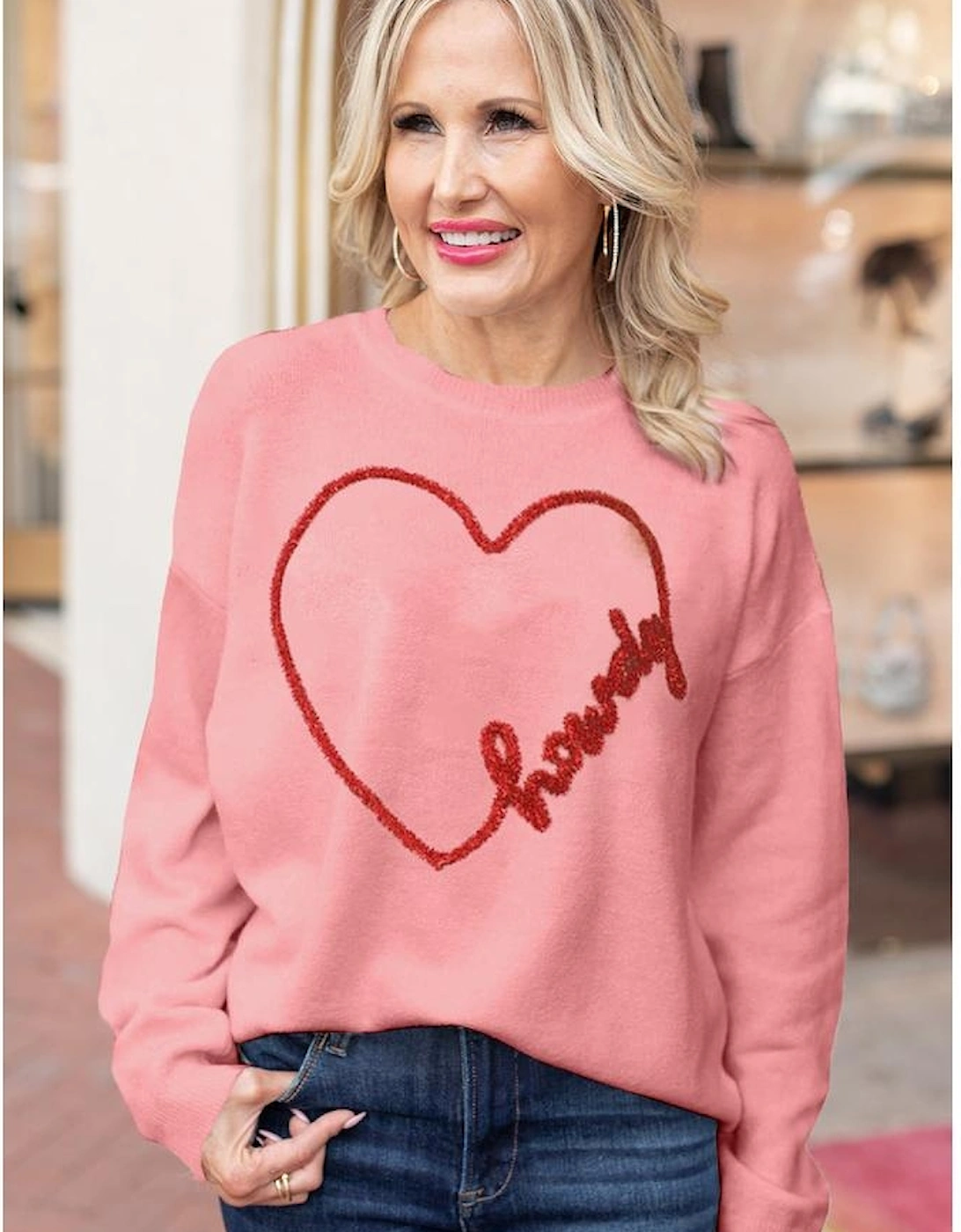 Pink Howdy Heart Graphic Round Neck Casual Sweater