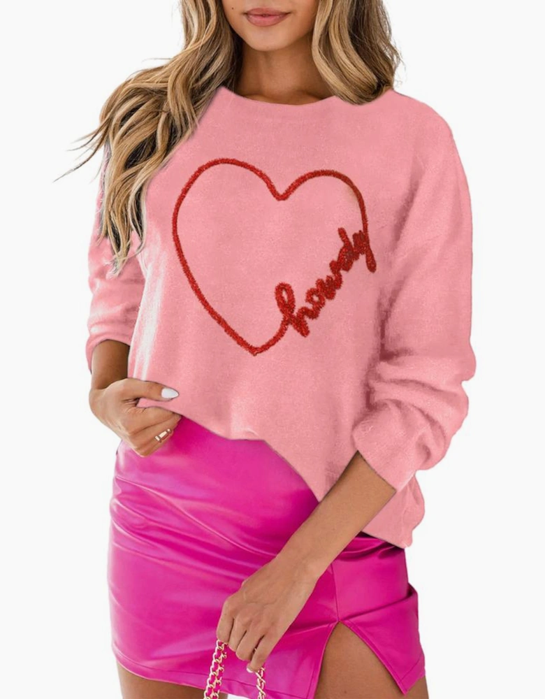 Pink Howdy Heart Graphic Round Neck Casual Sweater