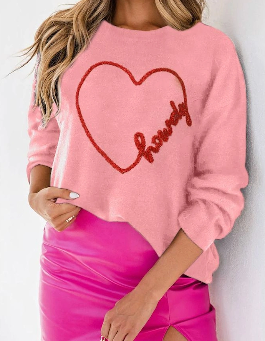 Pink Howdy Heart Graphic Round Neck Casual Sweater