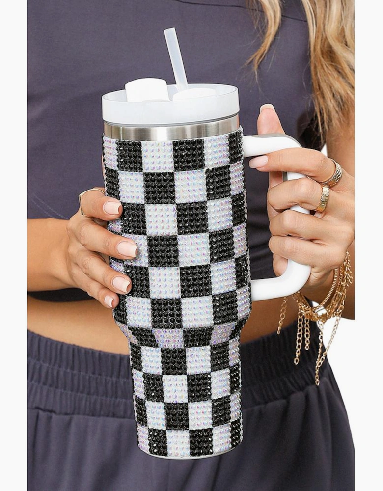 Black Full Rhinestone Checkerboard Handled Tumbler 40oz