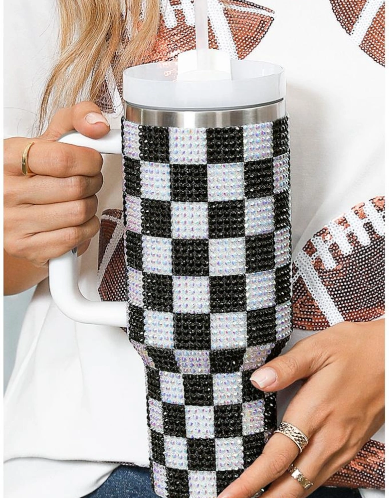Black Full Rhinestone Checkerboard Handled Tumbler 40oz
