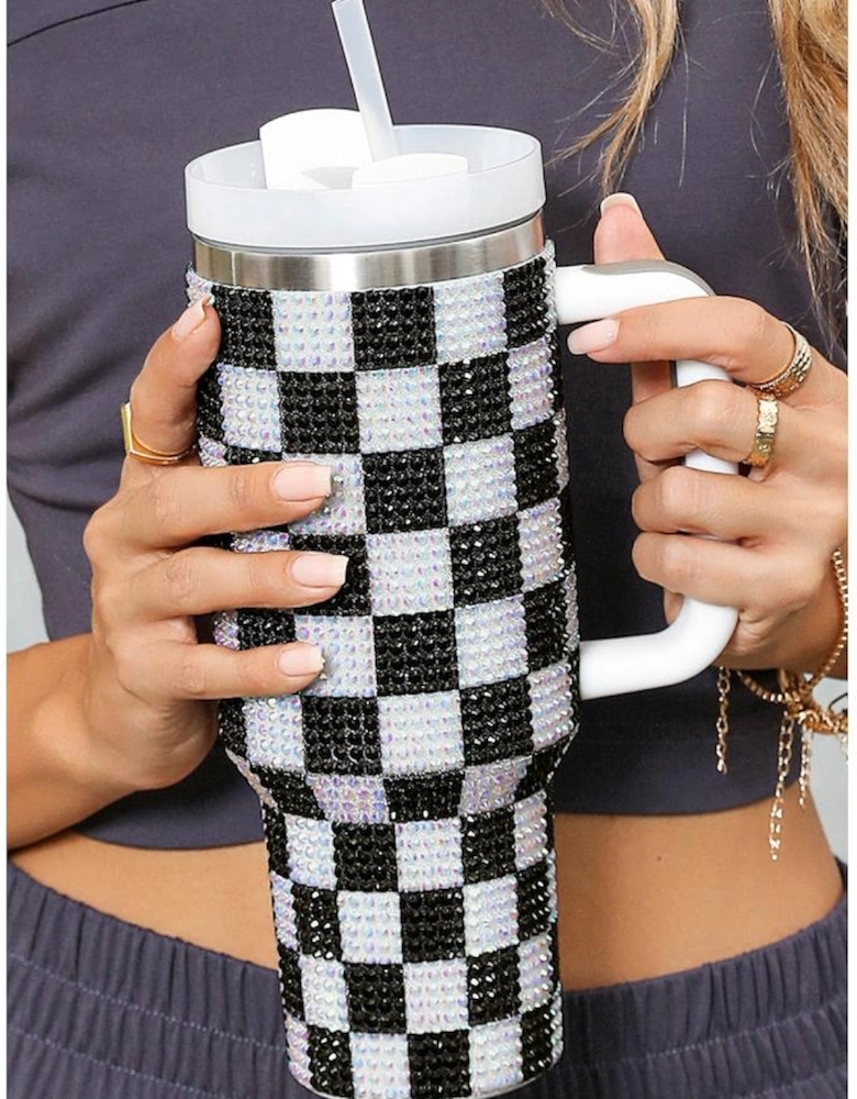 Black Full Rhinestone Checkerboard Handled Tumbler 40oz