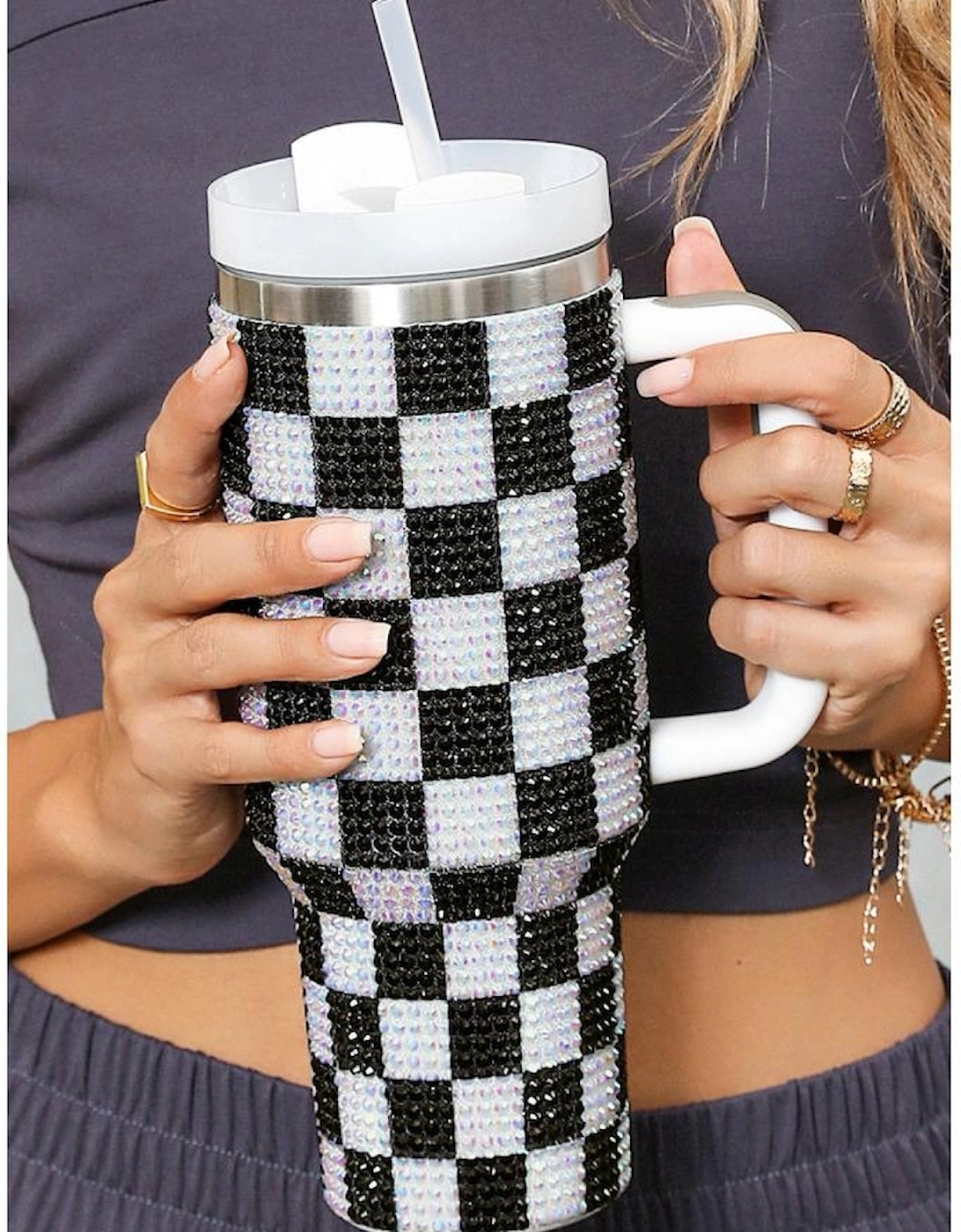 Black Full Rhinestone Checkerboard Handled Tumbler 40oz