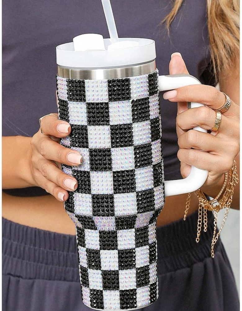 Black Full Rhinestone Checkerboard Handled Tumbler 40oz