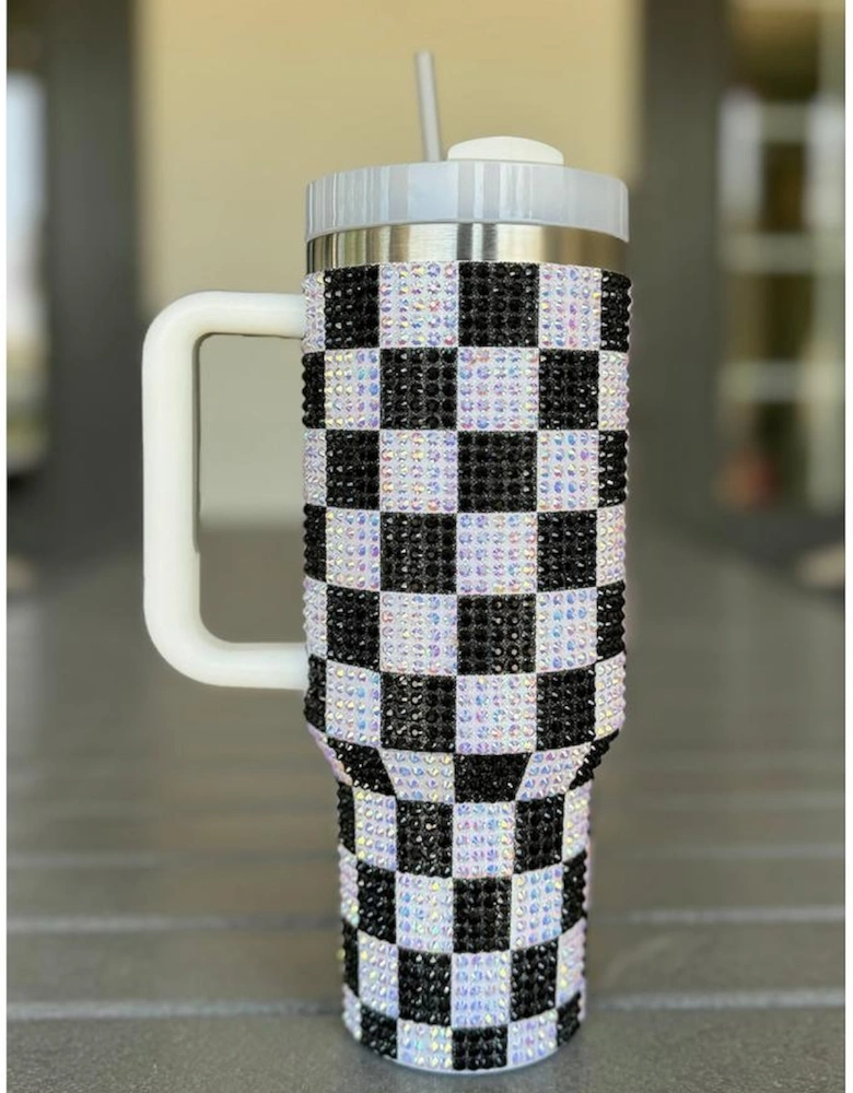 Black Full Rhinestone Checkerboard Handled Tumbler 40oz