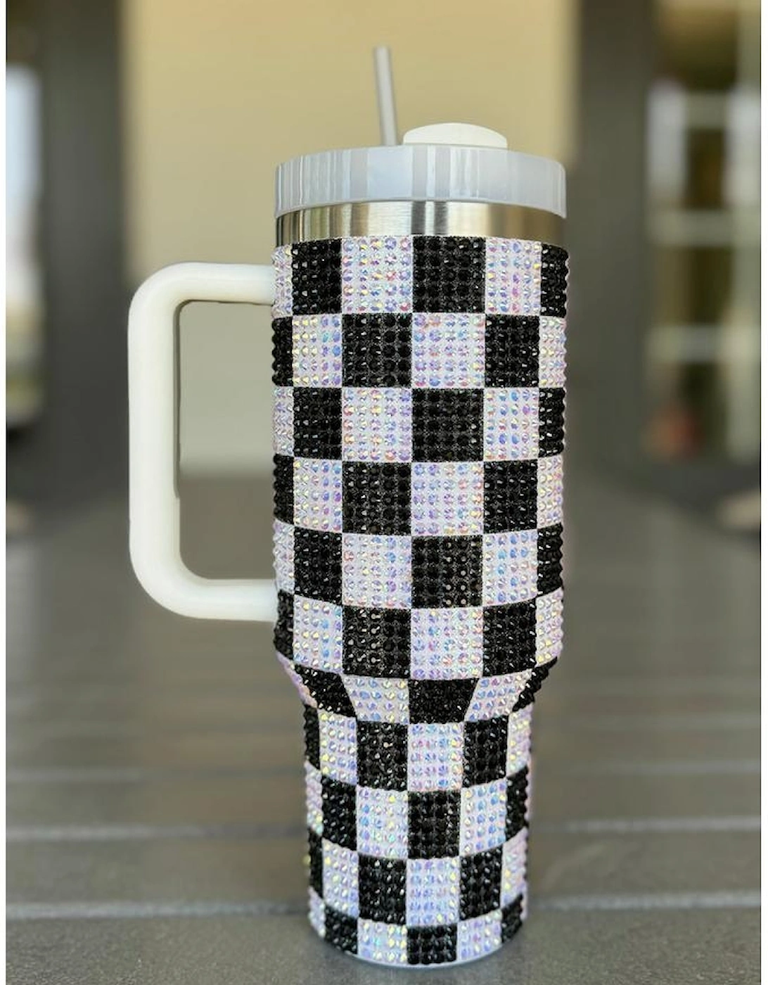 Black Full Rhinestone Checkerboard Handled Tumbler 40oz
