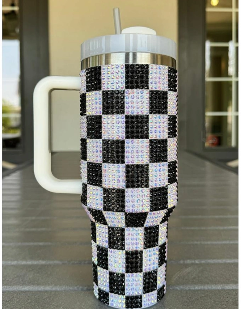 Black Full Rhinestone Checkerboard Handled Tumbler 40oz