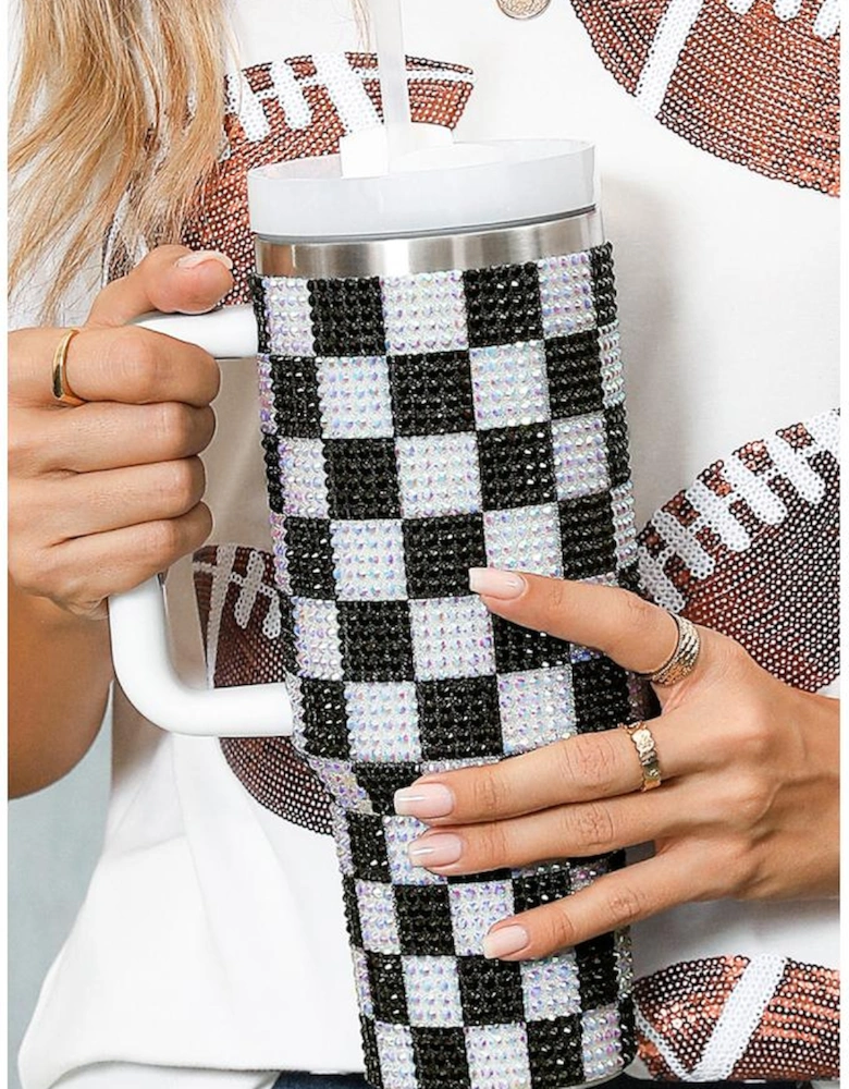 Black Full Rhinestone Checkerboard Handled Tumbler 40oz