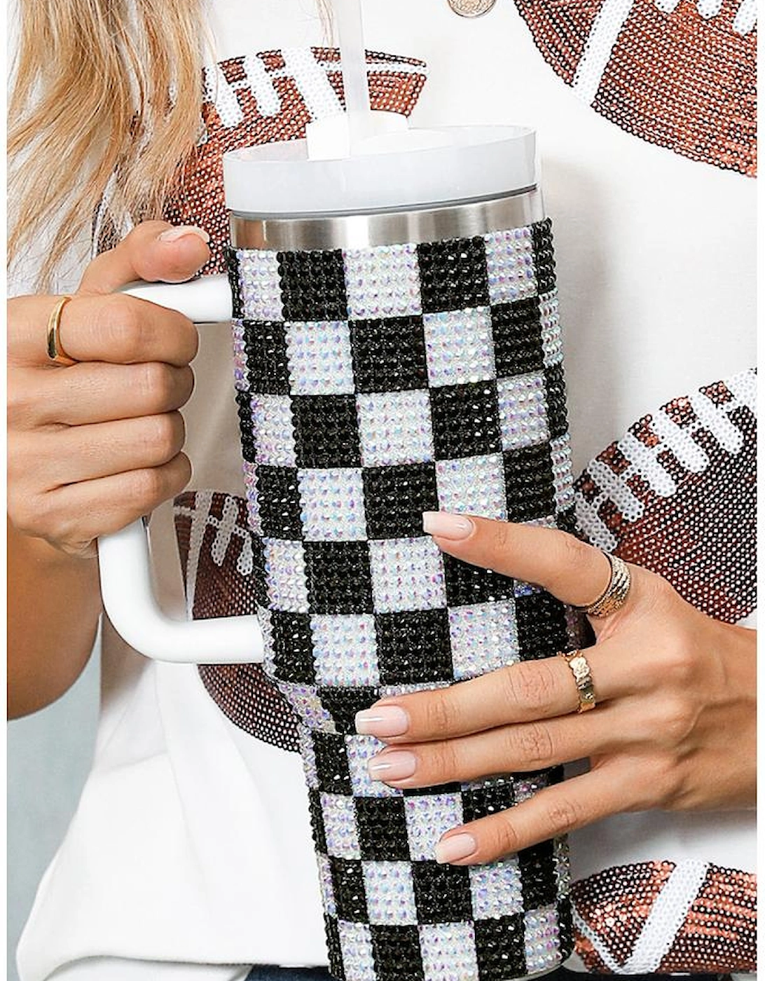 Black Full Rhinestone Checkerboard Handled Tumbler 40oz