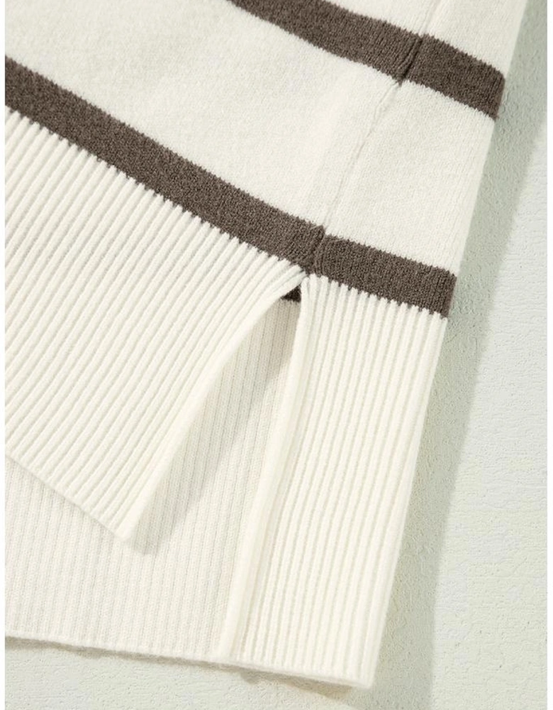 Brown Stripe Side Slits Crewneck Short Sleeve Sweater Tee