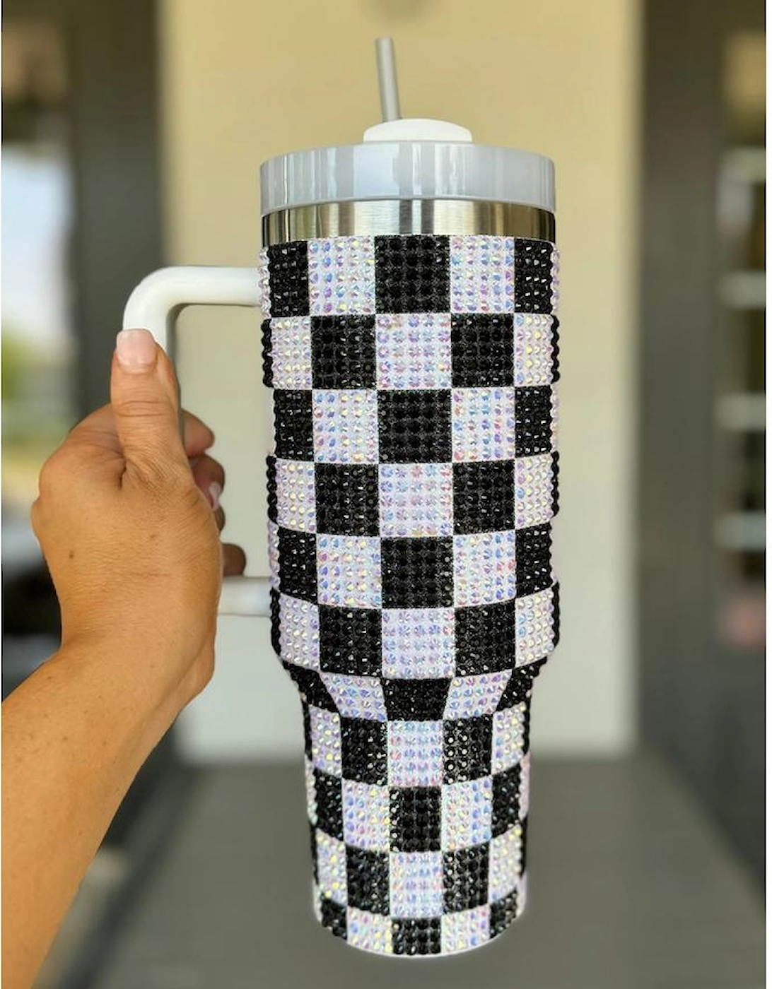 Black Full Rhinestone Checkerboard Handled Tumbler 40oz