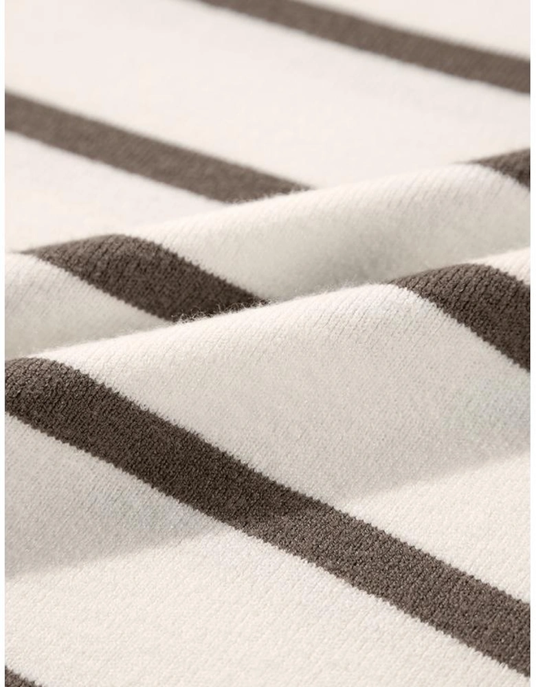 Brown Stripe Side Slits Crewneck Short Sleeve Sweater Tee