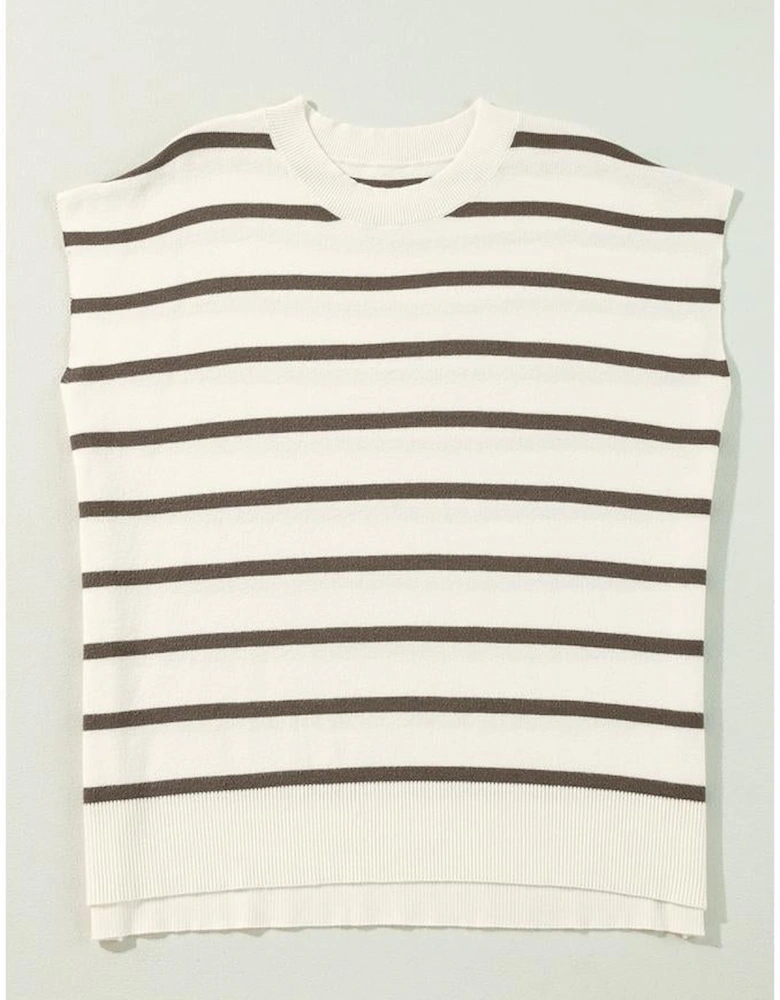Brown Stripe Side Slits Crewneck Short Sleeve Sweater Tee