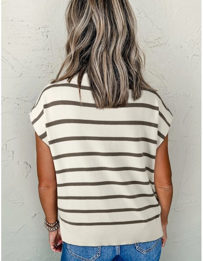 Brown Stripe Side Slits Crewneck Short Sleeve Sweater Tee