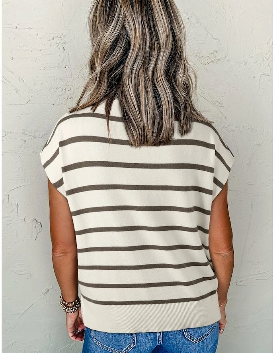 Brown Stripe Side Slits Crewneck Short Sleeve Sweater Tee