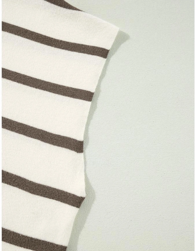 Brown Stripe Side Slits Crewneck Short Sleeve Sweater Tee