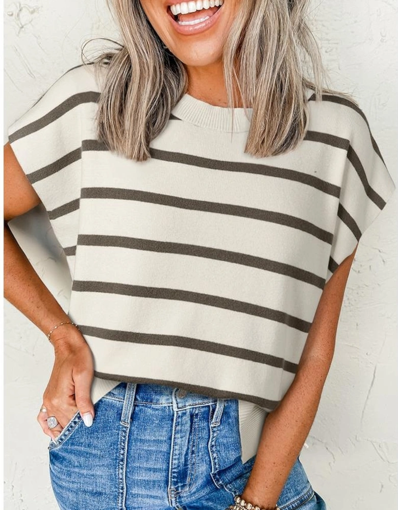 Brown Stripe Side Slits Crewneck Short Sleeve Sweater Tee