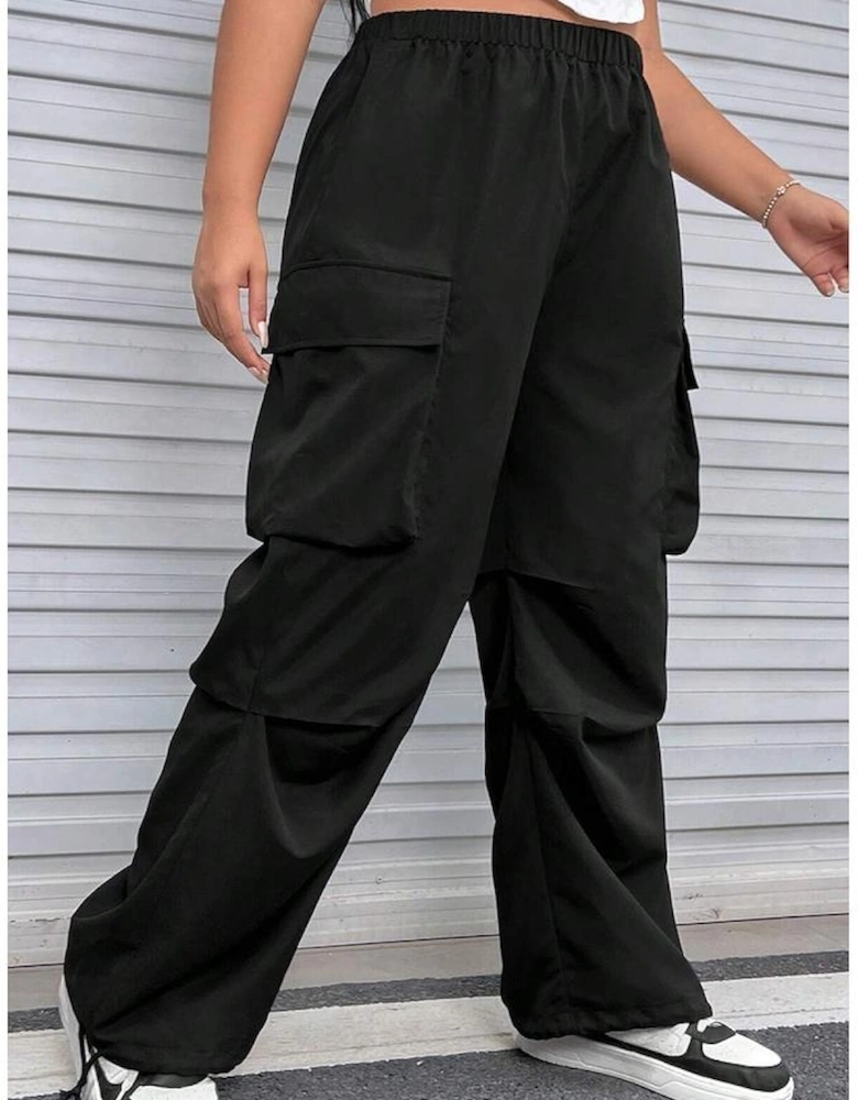 Black Plus Size Flap Pocket Elastic Waist Cargo Pants