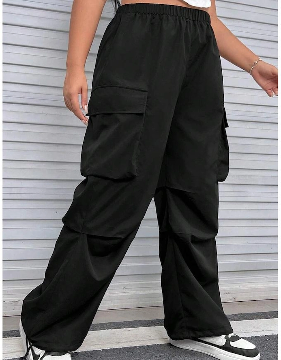 Black Plus Size Flap Pocket Elastic Waist Cargo Pants