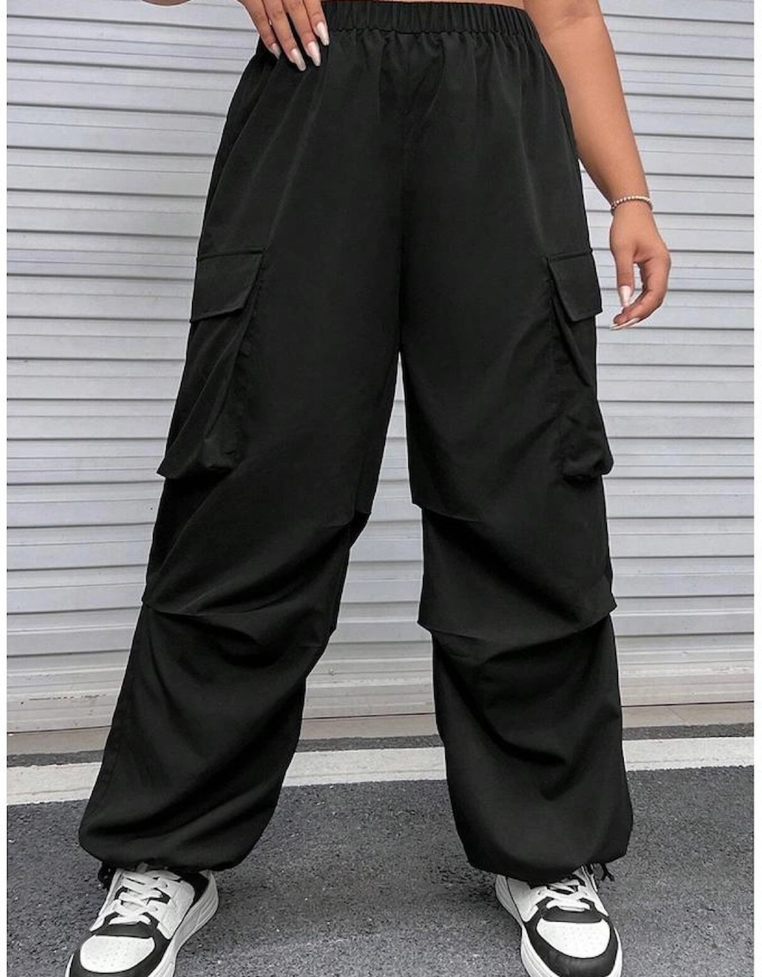 Black Plus Size Flap Pocket Elastic Waist Cargo Pants