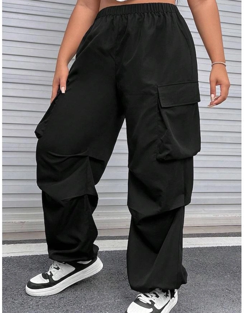 Black Plus Size Flap Pocket Elastic Waist Cargo Pants