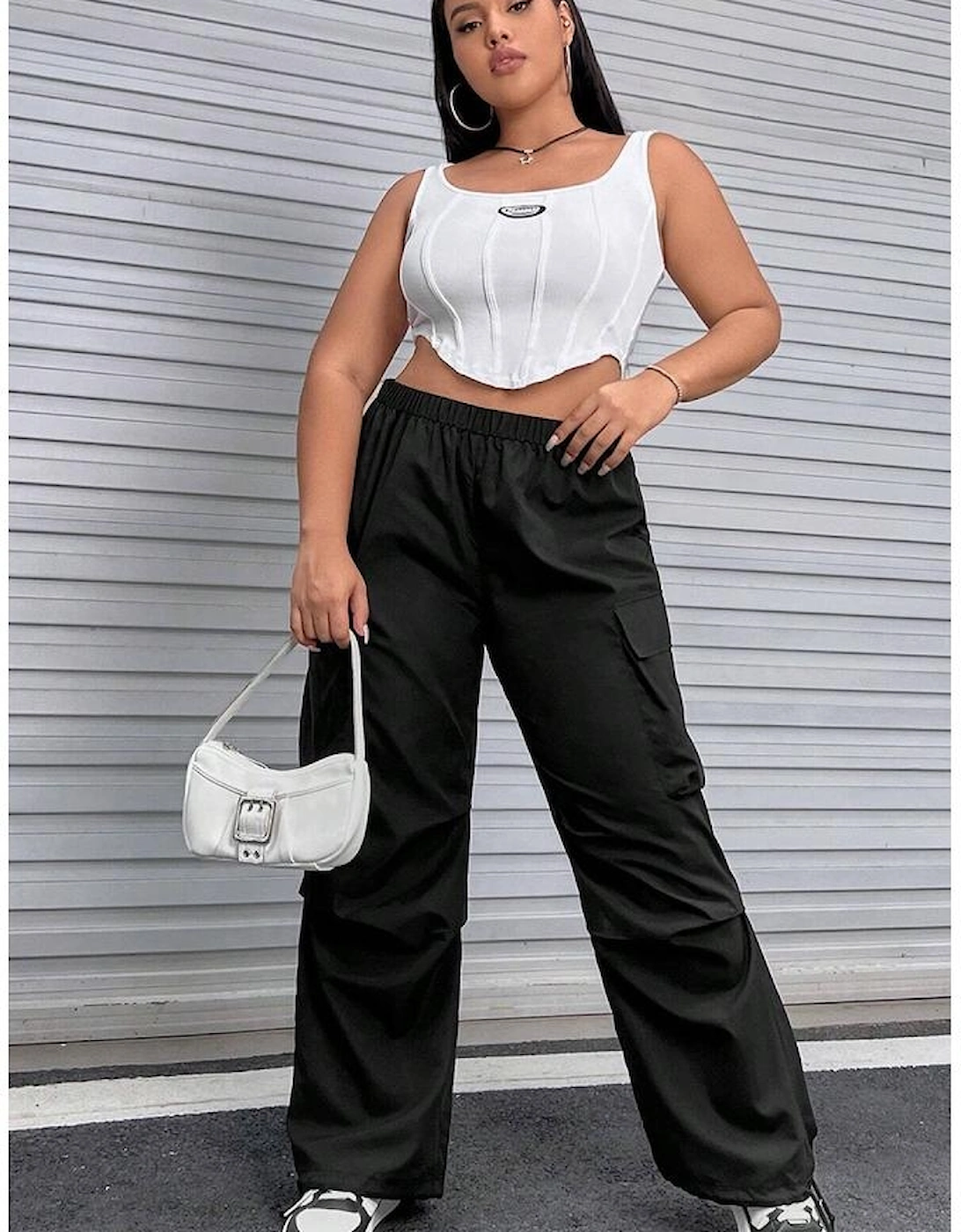 Black Plus Size Flap Pocket Elastic Waist Cargo Pants, 10 of 9