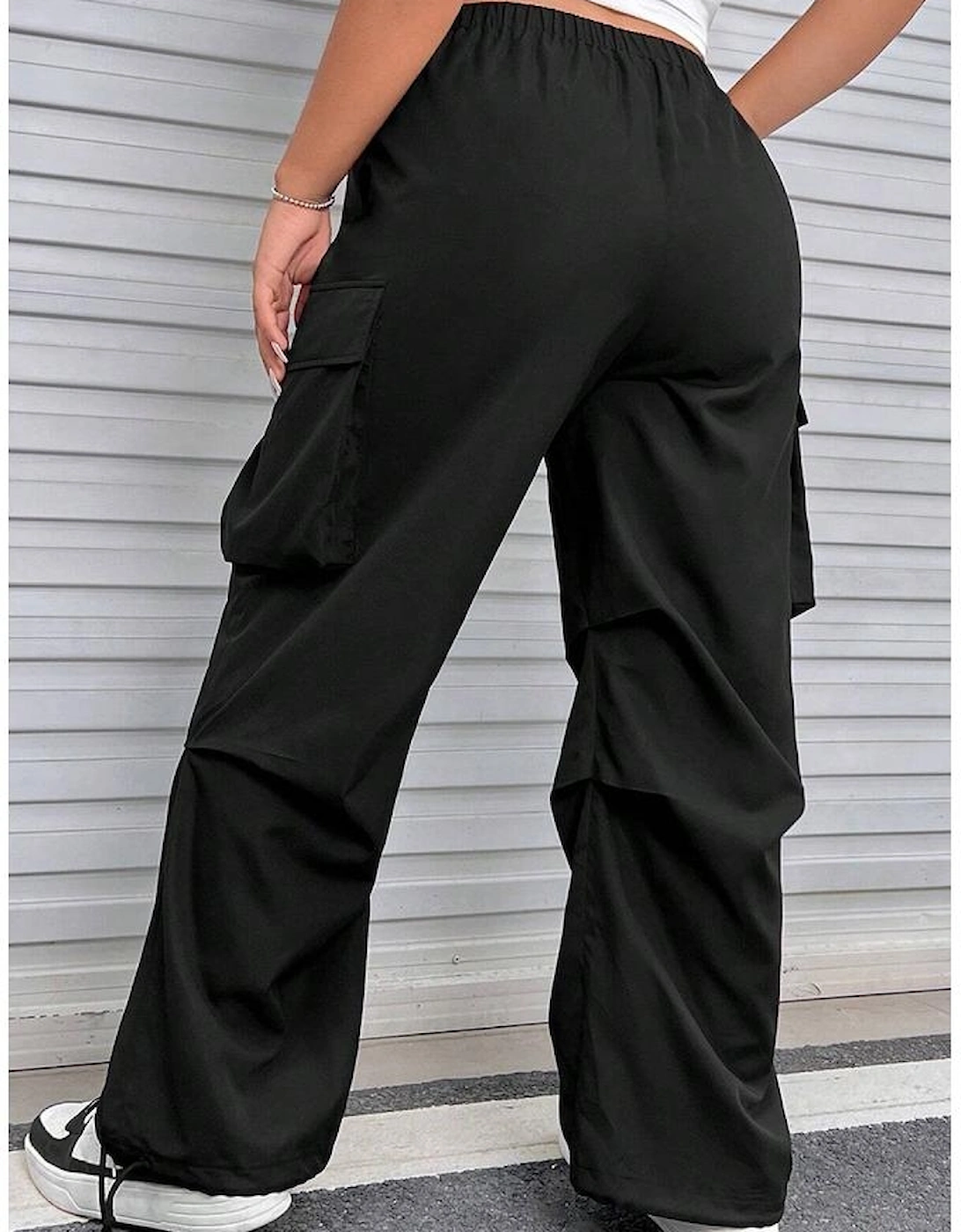 Black Plus Size Flap Pocket Elastic Waist Cargo Pants