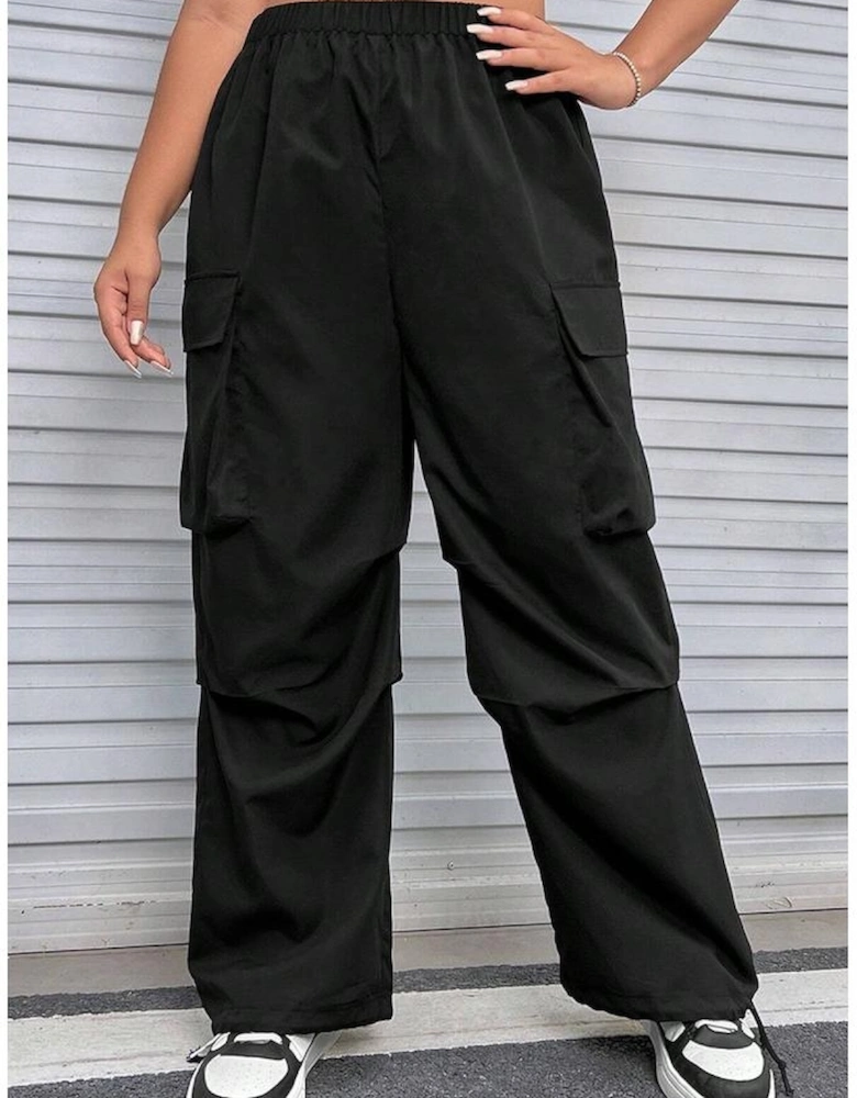 Black Plus Size Flap Pocket Elastic Waist Cargo Pants