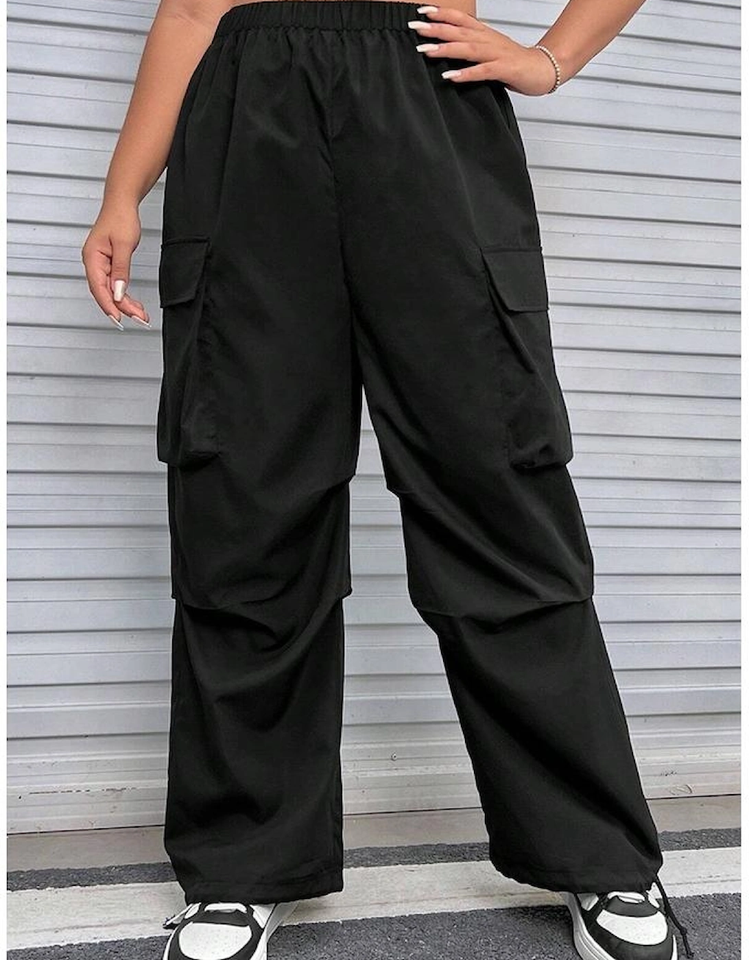 Black Plus Size Flap Pocket Elastic Waist Cargo Pants