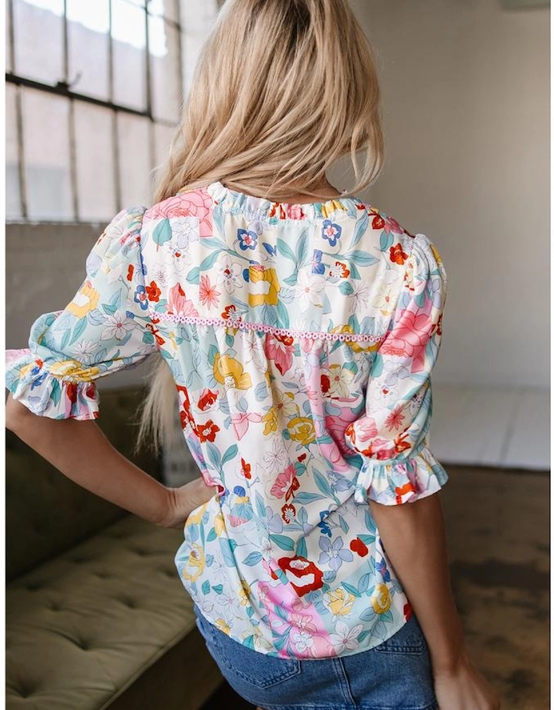 Pink Boho Flower Print Half Puff Sleeve Blouse, 16 of 15