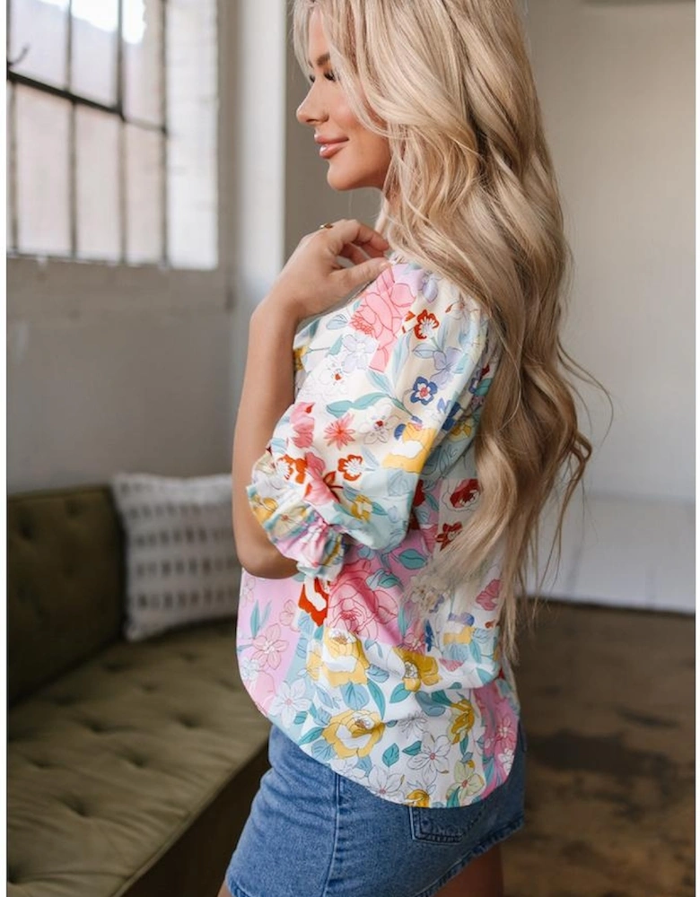 Pink Boho Flower Print Half Puff Sleeve Blouse