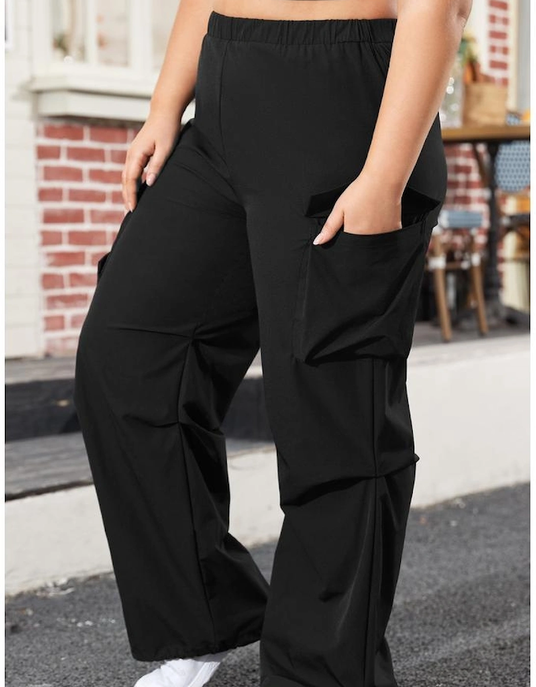 Black Plus Size Flap Pocket Elastic Waist Cargo Pants