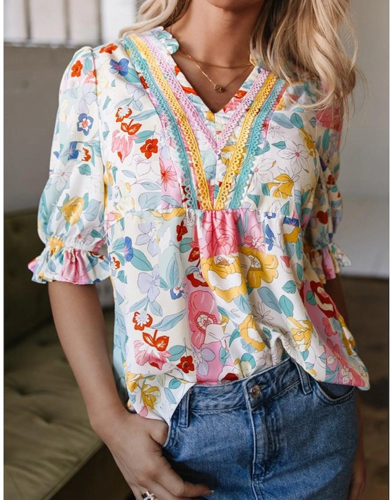 Pink Boho Flower Print Half Puff Sleeve Blouse