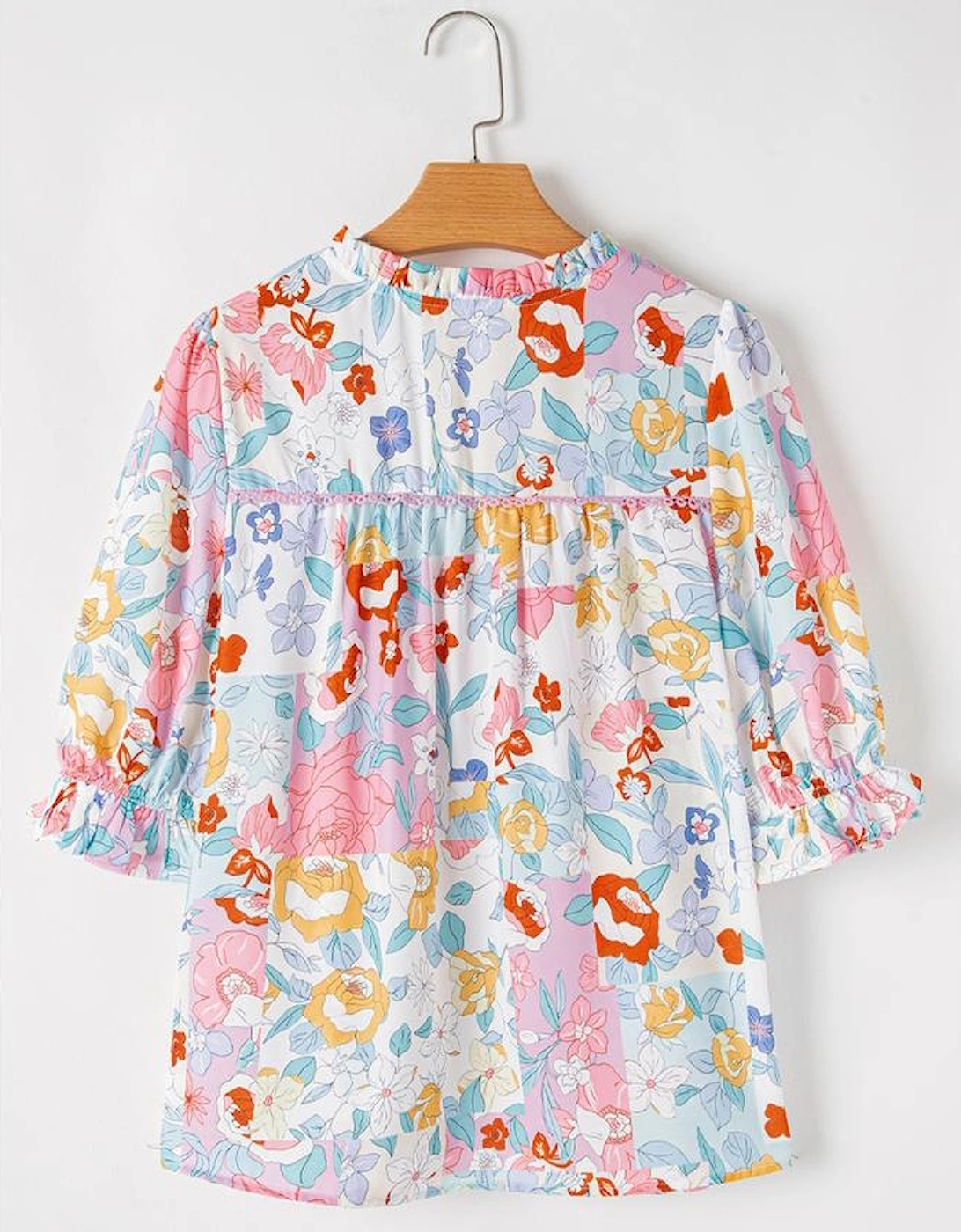 Pink Boho Flower Print Half Puff Sleeve Blouse