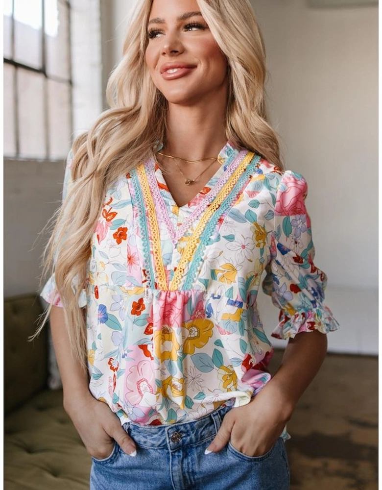 Pink Boho Flower Print Half Puff Sleeve Blouse
