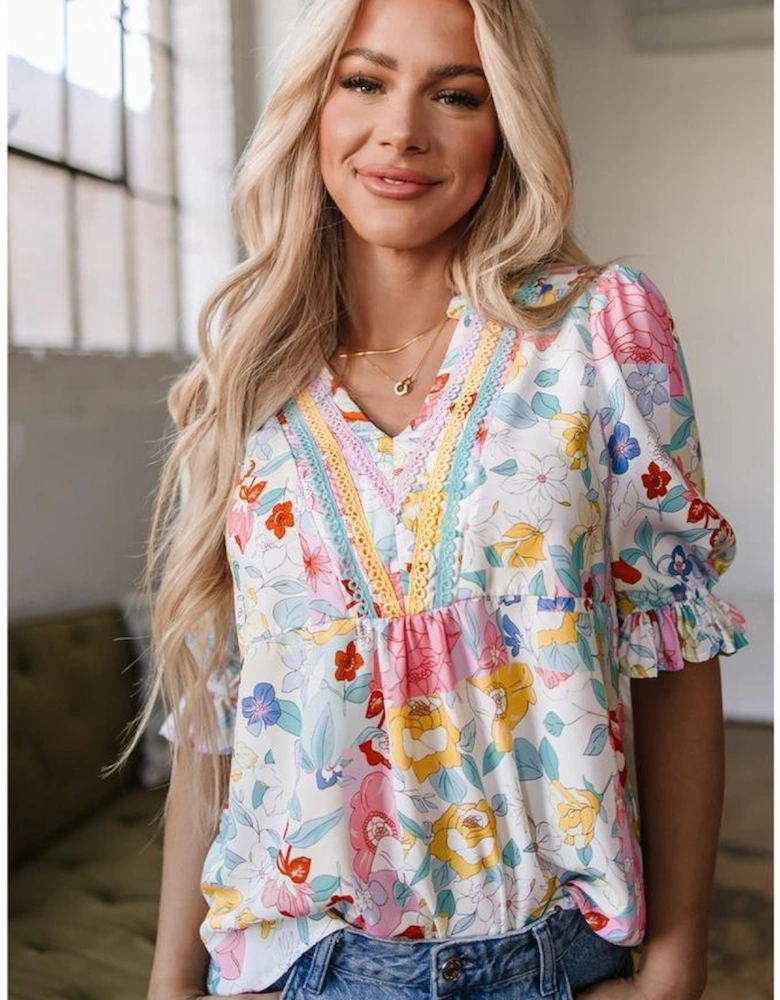 Pink Boho Flower Print Half Puff Sleeve Blouse
