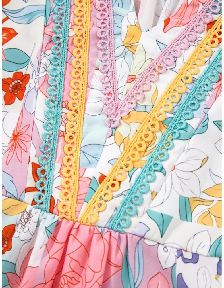 Pink Boho Flower Print Half Puff Sleeve Blouse