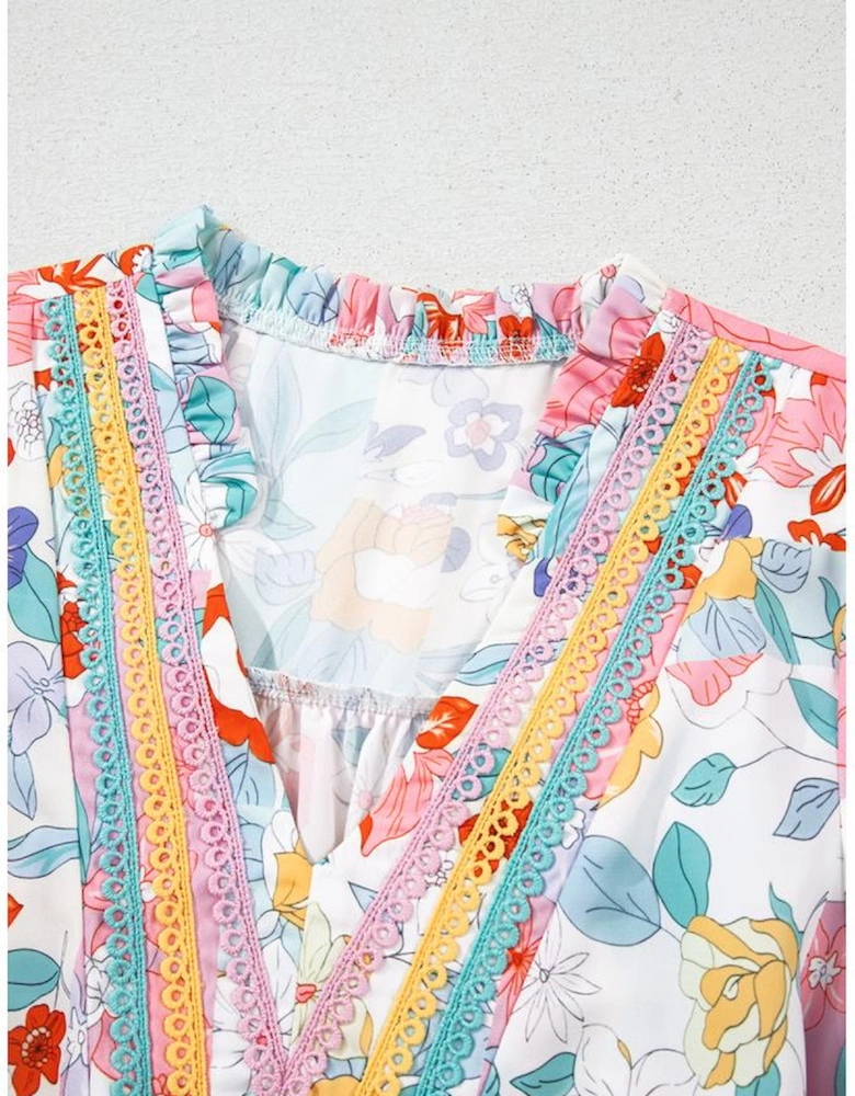 Pink Boho Flower Print Half Puff Sleeve Blouse