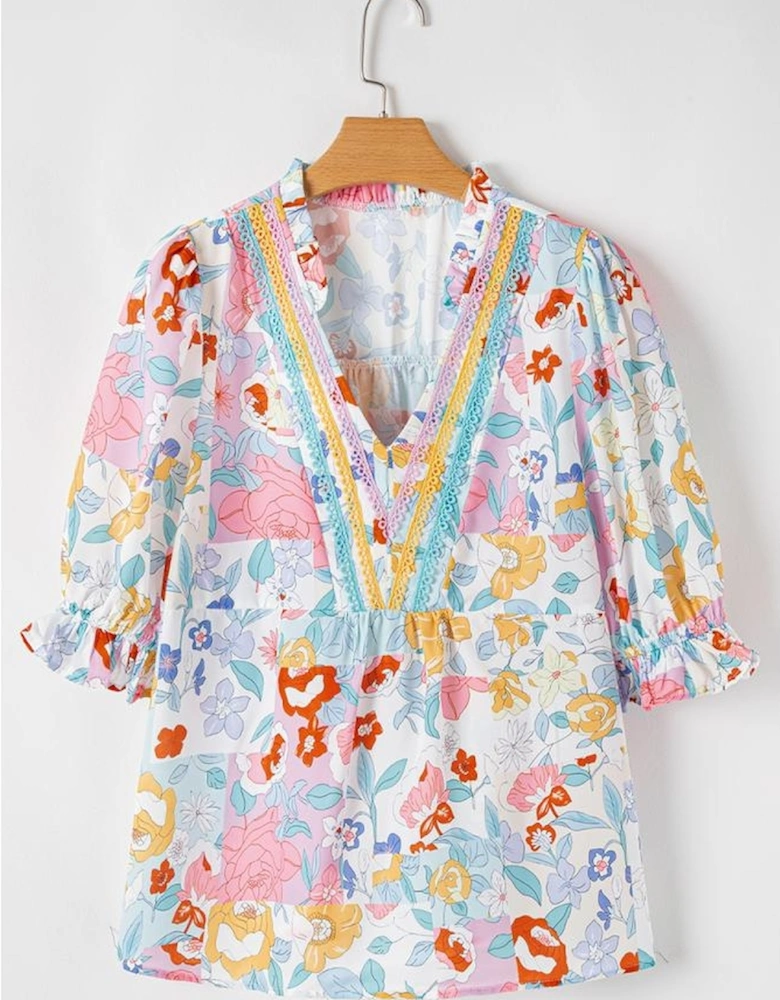 Pink Boho Flower Print Half Puff Sleeve Blouse