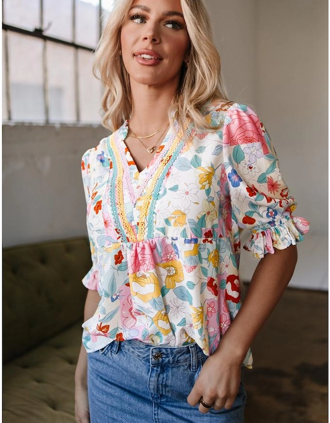 Pink Boho Flower Print Half Puff Sleeve Blouse