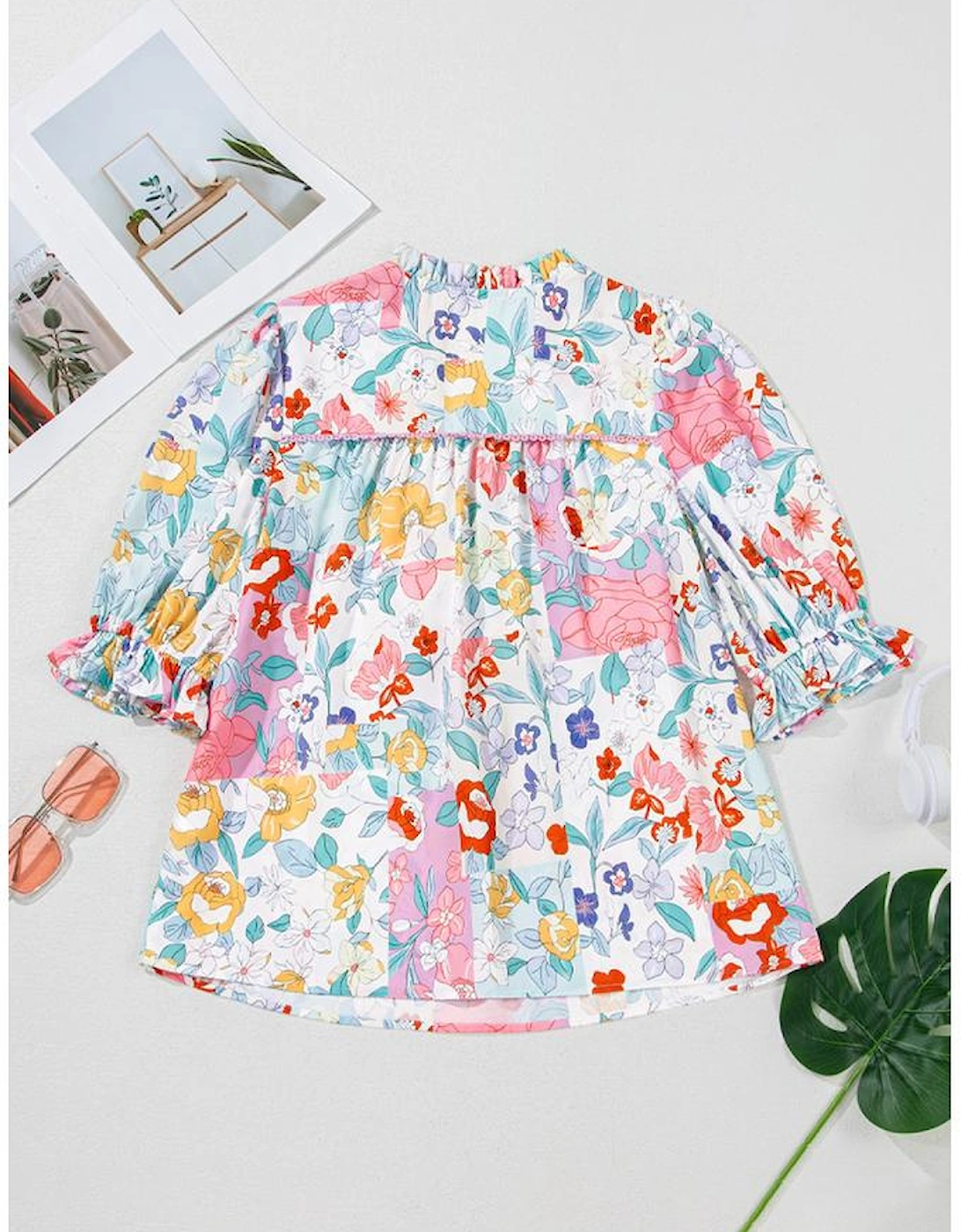 Pink Boho Flower Print Half Puff Sleeve Blouse